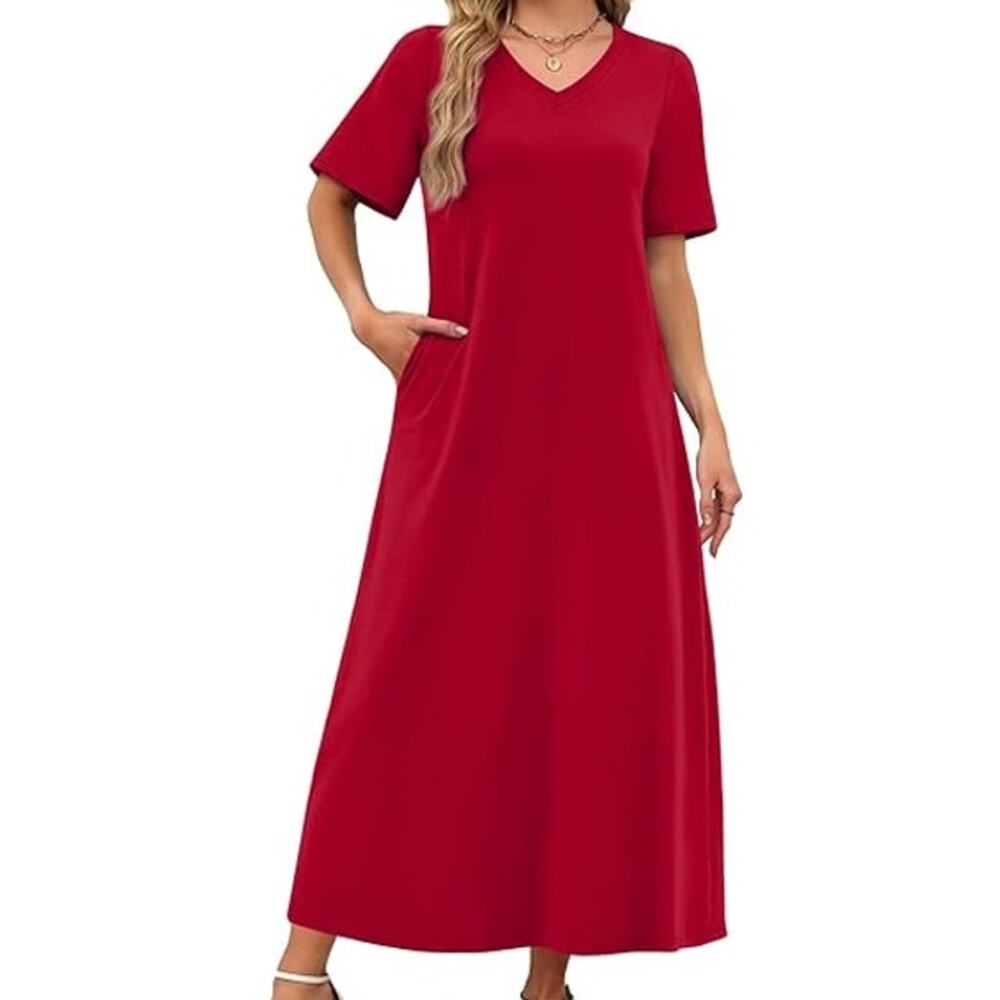 NWT ~ Women's Plus Size Red Short Sleeve V-Neck Knit Maxi Dress ~ Plus Size 4X